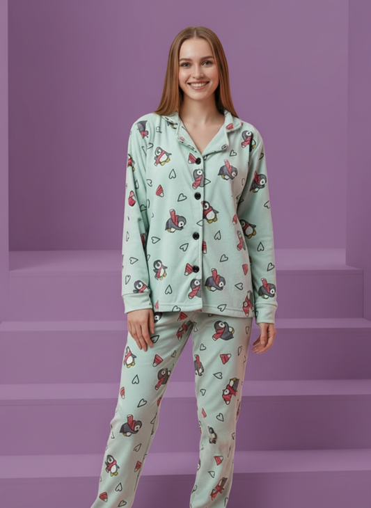 بيجامة حريمي قطيفة بطبعة بطاريق – لون أخضر فاتح