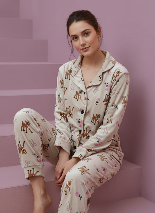 بيجامة حريمي شتوية بطبعة غزلان وزهور وردية – لون بيج