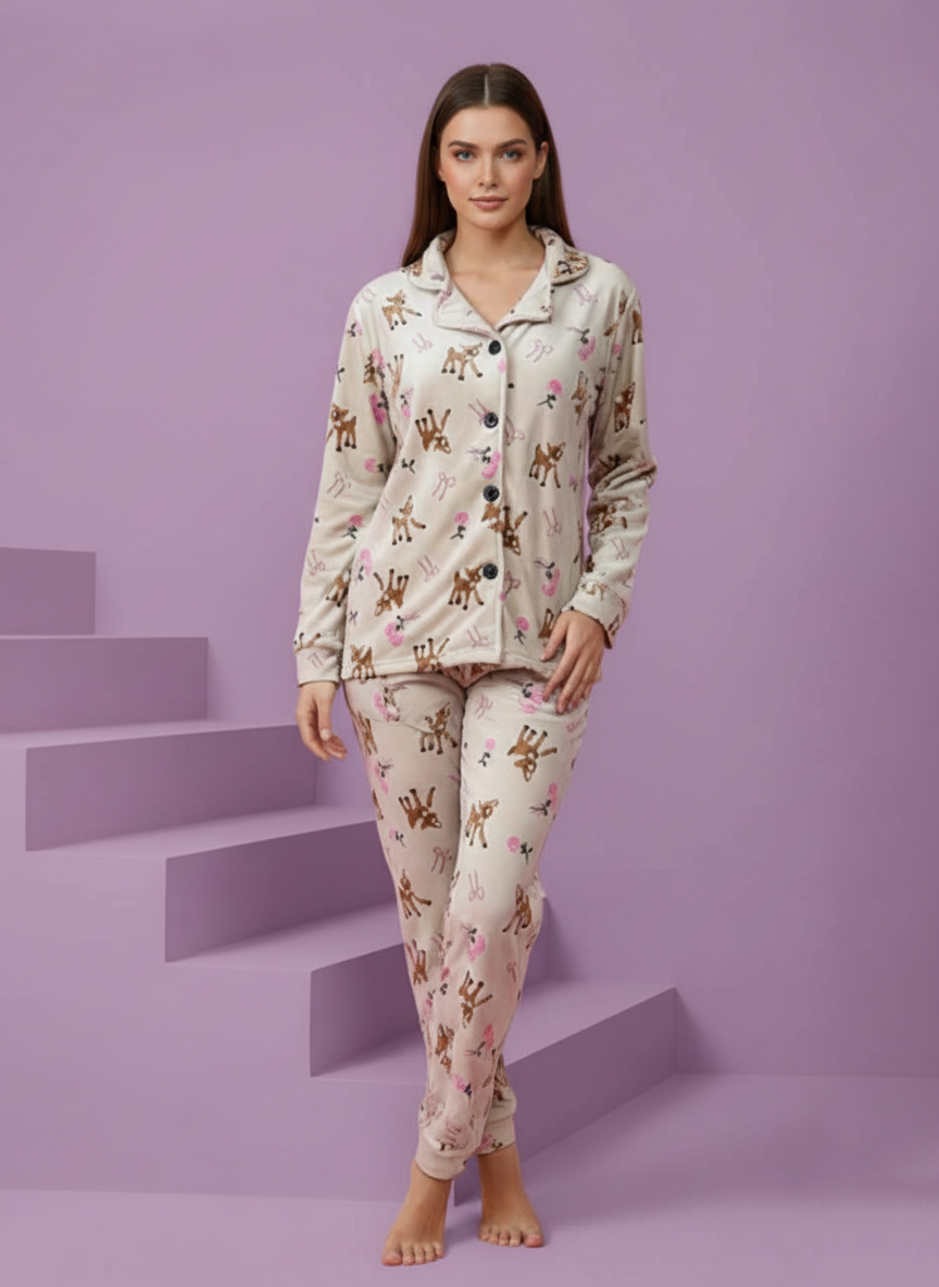 بيجامة حريمي شتوية بطبعة غزلان وزهور وردية – لون بيج