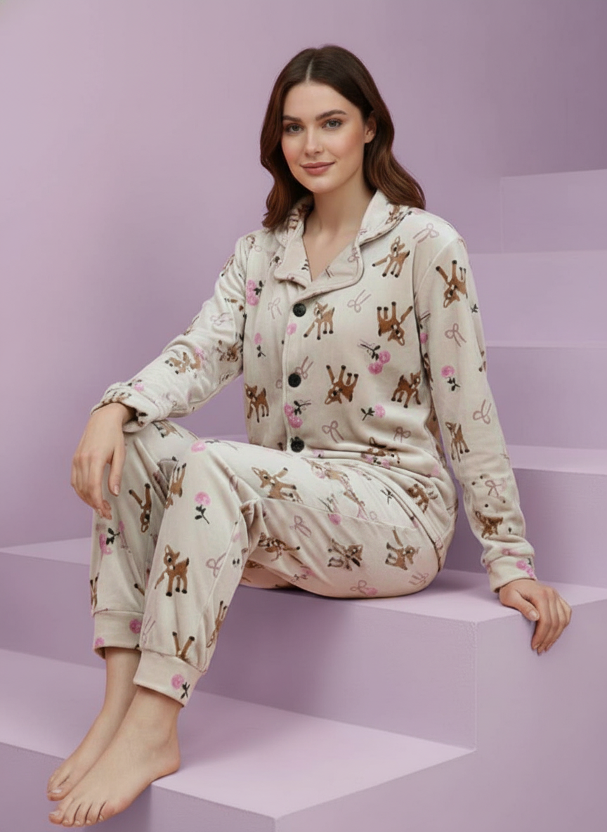 بيجامة حريمي شتوية بطبعة غزلان وزهور وردية – لون بيج
