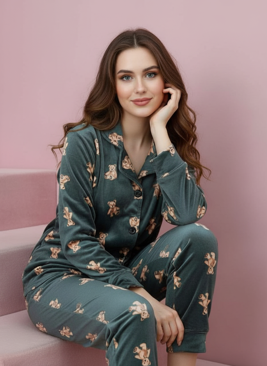 بيجامة حريمي قطيفة بطبعة دباديب – لون رصاصي غامق