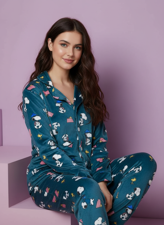 بيجامة حريمي شتوية بطبعة سنوبي - قطن ناعم ومريح