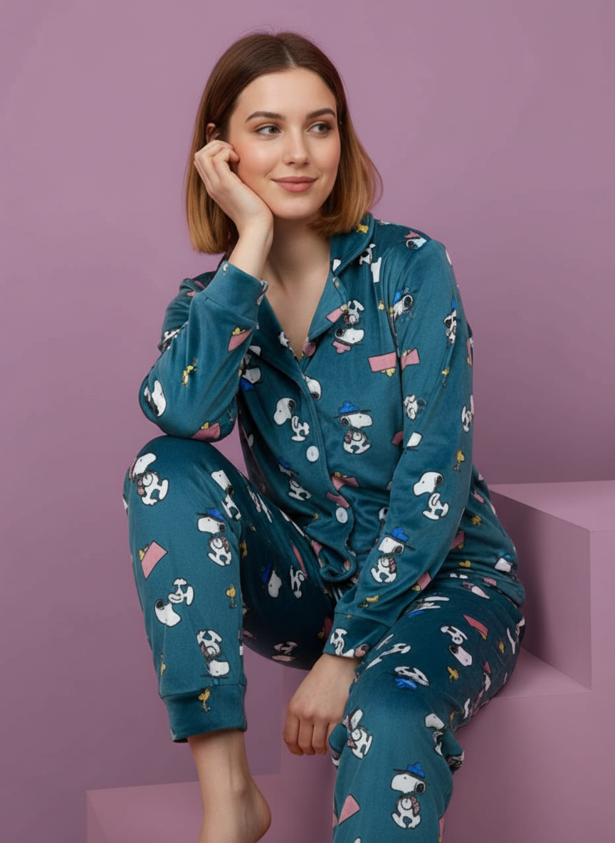 بيجامة حريمي شتوية بطبعة سنوبي - قطن ناعم ومريح