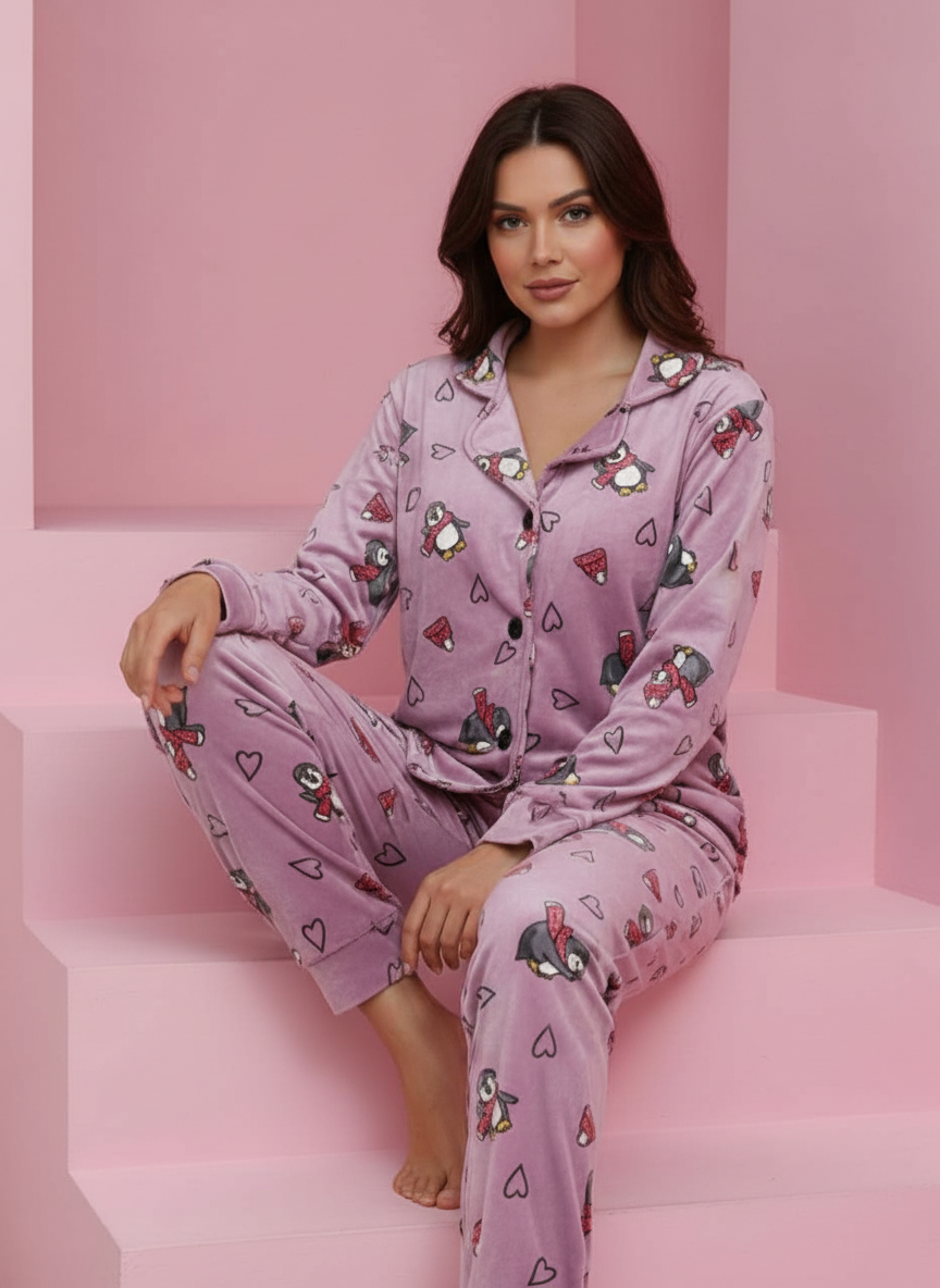 بيجامة حريمي شتوية بطبعة بطاريق وقلوب – موف فاتح