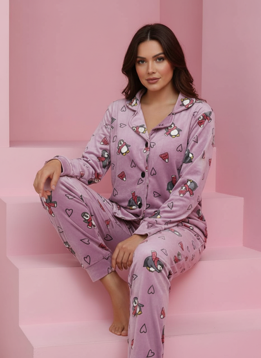 بيجامة حريمي شتوية بطبعة بطاريق وقلوب – موف فاتح