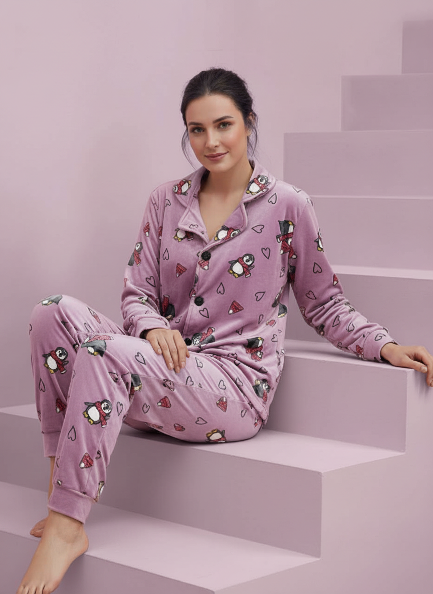 بيجامة حريمي شتوية بطبعة بطاريق وقلوب – موف فاتح