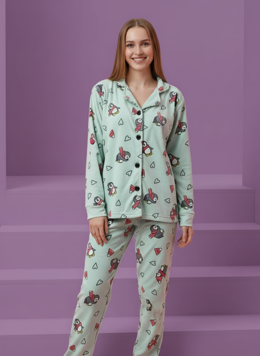 بيجامة حريمي قطيفة بطبعة بطاريق – لون أخضر فاتح