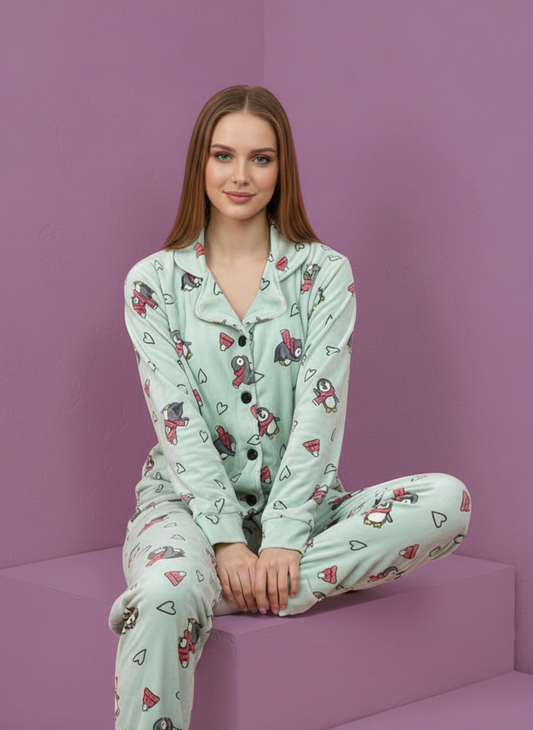 بيجامة حريمي قطيفة بطبعة بطاريق – لون أخضر فاتح