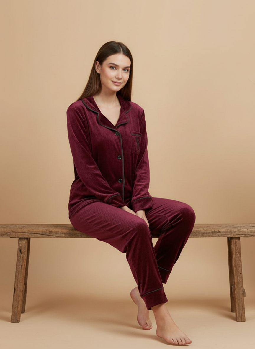 بيجامة زراير قطيفة مضلعة – أكثر من 10 ألوان